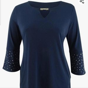 JM Collection Women's Rhinestone-Sleeve Keyhole Top Dark Blue Size Large